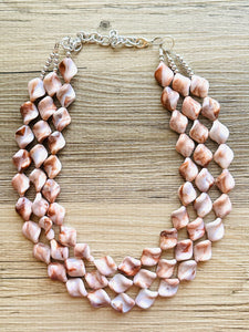 Hot Fudge 3 Strand Statement Necklace, Chunky Brown Twist Beaded Bib Jewelry earrings, brown jewelry set, white resin jewelry neutral