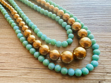 Load image into Gallery viewer, Turquoise &amp; gold Pearl Chunky 3 Strand Statement Necklace, fall necklace, blue green jewelry, gold Pearl ball beaded, turquoise aqua