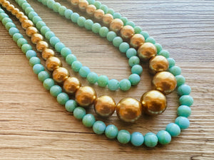 Turquoise & gold Pearl Chunky 3 Strand Statement Necklace, fall necklace, blue green jewelry, gold Pearl ball beaded, turquoise aqua