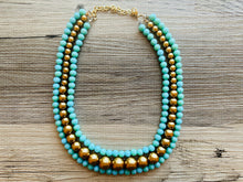 Load image into Gallery viewer, Turquoise &amp; gold Pearl Chunky 3 Strand Statement Necklace, fall necklace, blue green jewelry, gold Pearl ball beaded, turquoise aqua