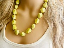 Load image into Gallery viewer, Lemon Lime Polished Agate GemStone Necklace green yellow, gold statement necklace jewelry, long beaded statement layering necklace