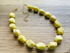 Lemon Lime Polished Agate GemStone Necklace green yellow, gold statement necklace jewelry, long beaded statement layering necklace