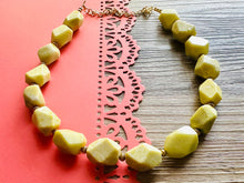 Load image into Gallery viewer, Lemon Lime Polished Agate GemStone Necklace green yellow, gold statement necklace jewelry, long beaded statement layering necklace