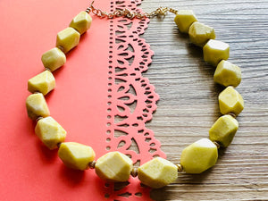 Lemon Lime Polished Agate GemStone Necklace green yellow, gold statement necklace jewelry, long beaded statement layering necklace