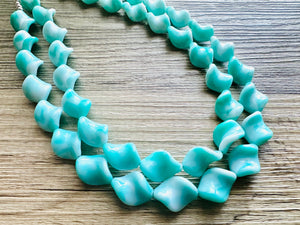 Turquoise Blue 2 Strand Statement Necklace, Chunky Gren Blue Twist Beaded Bib Jewelry earrings, blue jewelry set, turquoise jewelry
