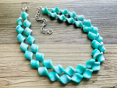 Turquoise Blue 2 Strand Statement Necklace, Chunky Gren Blue Twist Beaded Bib Jewelry earrings, blue jewelry set, turquoise jewelry