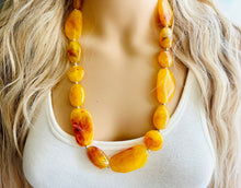 Load image into Gallery viewer, Long Marigold Statement Necklace, Chunky Beaded Necklace, yellow Jewelry, long necklace, bead Necklace, earrings red geometric jewelry