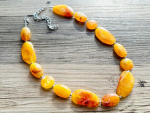 Load image into Gallery viewer, Long Marigold Statement Necklace, Chunky Beaded Necklace, yellow Jewelry, long necklace, bead Necklace, earrings red geometric jewelry