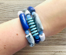 Load image into Gallery viewer, Cabana Weekend Statement bracelet, chunky bold bamboo bracelet, blue colorful beaded jewelry, chunky geometric turquoise black white