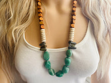 Load image into Gallery viewer, Vintage Wood + Agate Beaded long necklace, neutral beaded statement necklace, everyday gem stone chunky layering necklace glass green