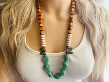 Load image into Gallery viewer, Vintage Wood + Agate Beaded long necklace, neutral beaded statement necklace, everyday gem stone chunky layering necklace glass green