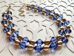 Mirror Gold & Purple Periwinkle 2 strand statement Necklace, blue Beaded Necklace, summer gold jewelry, bubble bib neutral aqua chunky