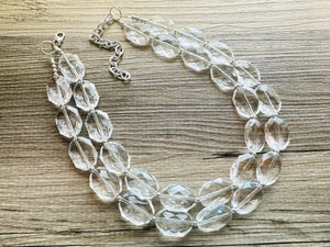 Faceted Resin Beaded Statement Necklace, Faceted Oval Bead Everyday neutral jewelry, silver accents chunky bib necklace, bridesmaid wedding