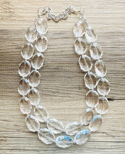 Faceted Resin Beaded Statement Necklace, Faceted Oval Bead Everyday neutral jewelry, silver accents chunky bib necklace, bridesmaid wedding