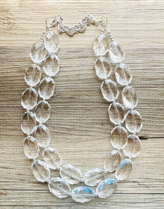 Faceted Resin Beaded Statement Necklace, Faceted Oval Bead Everyday neutral jewelry, silver accents chunky bib necklace, bridesmaid wedding