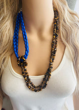 Load image into Gallery viewer, Royal Blue &amp; Tiger Eye Chip Necklace, tube beaded chunky statement necklace, blue necklace, avant garde necklace, geometric jewelry brown