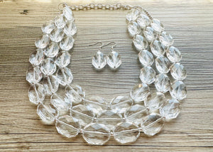 Faceted Resin Beaded Statement Necklace, 3 strand Oval Bead Everyday neutral jewelry, silver accents chunky bib necklace, bridesmaid wedding