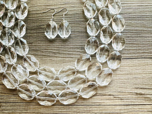 Faceted Resin Beaded Statement Necklace, 3 strand Oval Bead Everyday neutral jewelry, silver accents chunky bib necklace, bridesmaid wedding