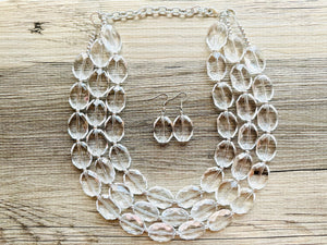 Faceted Resin Beaded Statement Necklace, 3 strand Oval Bead Everyday neutral jewelry, silver accents chunky bib necklace, bridesmaid wedding