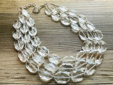 Faceted Resin Beaded Statement Necklace, 3 strand Oval Bead Everyday neutral jewelry, silver accents chunky bib necklace, bridesmaid wedding