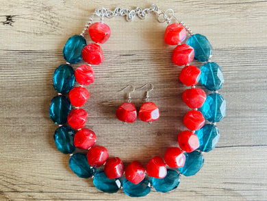 Teal & Cherry Red Necklace, multi strand jewelry, big beaded chunky statement necklace, red jewelry, bridesmaid necklace, turquoise bib