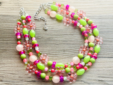 Honeydew Haven Chunky Statement Necklace, Coral beaded jewelry, Multi Strand Bib Necklace, Beaded necklace green pink blush hot magenta lime