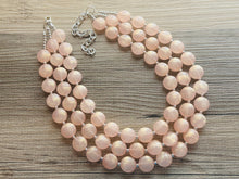 Load image into Gallery viewer, Coral Peach Glimmer Triple strand statement Necklace, peach Beaded Necklace, summer silver jewelry, bubble necklace bib light pink