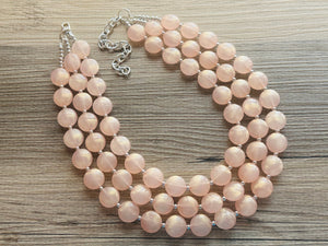 Coral Peach Glimmer Triple strand statement Necklace, peach Beaded Necklace, summer silver jewelry, bubble necklace bib light pink