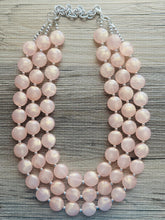 Load image into Gallery viewer, Coral Peach Glimmer Triple strand statement Necklace, peach Beaded Necklace, summer silver jewelry, bubble necklace bib light pink