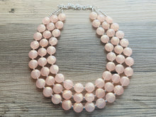 Load image into Gallery viewer, Coral Peach Glimmer Triple strand statement Necklace, peach Beaded Necklace, summer silver jewelry, bubble necklace bib light pink