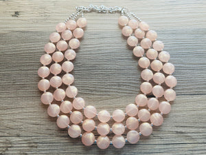 Coral Peach Glimmer Triple strand statement Necklace, peach Beaded Necklace, summer silver jewelry, bubble necklace bib light pink