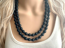 Load image into Gallery viewer, Black Wood Necklace, double strand jewelry, ball beaded chunky statement necklace, black necklace, drop black resin earrings tie dye glass