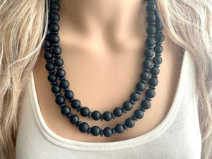 Black Wood Necklace, double strand jewelry, ball beaded chunky statement necklace, black necklace, drop black resin earrings tie dye glass