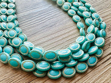 Load image into Gallery viewer, Aqua Blue Statement Necklace, Chunky Jewelry Big Beaded 5 Strand Necklace, light Blue Necklace, earrings Jewelry Set, turquoise gold Beaded