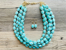 Load image into Gallery viewer, Aqua Blue Statement Necklace, Chunky Jewelry Big Beaded 5 Strand Necklace, light Blue Necklace, earrings Jewelry Set, turquoise gold Beaded