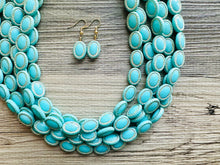 Load image into Gallery viewer, Aqua Blue Statement Necklace, Chunky Jewelry Big Beaded 5 Strand Necklace, light Blue Necklace, earrings Jewelry Set, turquoise gold Beaded