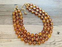 Load image into Gallery viewer, Tortoise Shell Sunburst necklace, brown resin acetate necklace, gold 3 strand statement chunky jewelry, mandala yellow geometric earrings