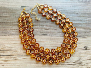 Tortoise Shell Sunburst necklace, brown resin acetate necklace, gold 3 strand statement chunky jewelry, mandala yellow geometric earrings