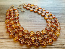 Load image into Gallery viewer, Tortoise Shell Sunburst necklace, brown resin acetate necklace, gold 3 strand statement chunky jewelry, mandala yellow geometric earrings