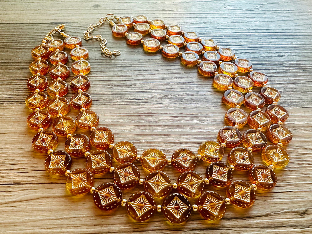 Tortoise Shell Sunburst necklace, brown resin acetate necklace, gold 3 strand statement chunky jewelry, mandala yellow geometric earrings