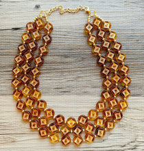 Load image into Gallery viewer, Tortoise Shell Sunburst necklace, brown resin acetate necklace, gold 3 strand statement chunky jewelry, mandala yellow geometric earrings