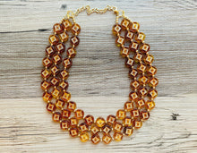 Load image into Gallery viewer, Tortoise Shell Sunburst necklace, brown resin acetate necklace, gold 3 strand statement chunky jewelry, mandala yellow geometric earrings