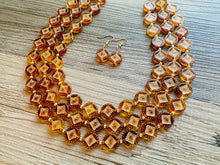 Load image into Gallery viewer, Tortoise Shell Sunburst necklace, brown resin acetate necklace, gold 3 strand statement chunky jewelry, mandala yellow geometric earrings