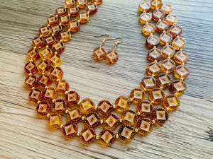 Tortoise Shell Sunburst necklace, brown resin acetate necklace, gold 3 strand statement chunky jewelry, mandala yellow geometric earrings