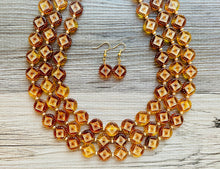 Load image into Gallery viewer, Tortoise Shell Sunburst necklace, brown resin acetate necklace, gold 3 strand statement chunky jewelry, mandala yellow geometric earrings