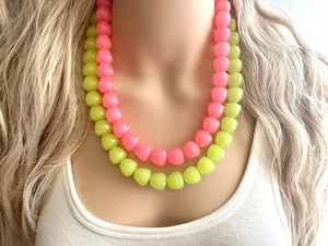 Gumdrop Lime & Pink Beaded Necklace, Colorful Chunky statement, 2 strand thick jewelry, rainbow baby confetti earrings hot pink green