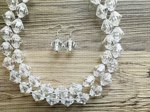 Bubble Clear Crystal Statement Necklace, Cone Faceted Beaded Everyday neutral jewelry, silver accents chunky bib necklace earring set
