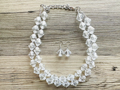 Bubble Clear Crystal Statement Necklace, Cone Faceted Beaded Everyday neutral jewelry, silver accents chunky bib necklace earring set
