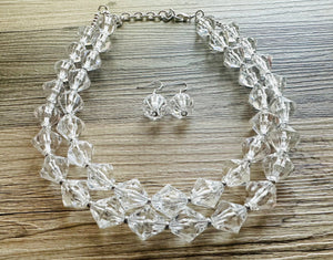 Bubble Clear Crystal Statement Necklace, Cone Faceted Beaded Everyday neutral jewelry, silver accents chunky bib necklace earring set