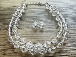 Bubble Clear Crystal Statement Necklace, Cone Faceted Beaded Everyday neutral jewelry, silver accents chunky bib necklace earring set